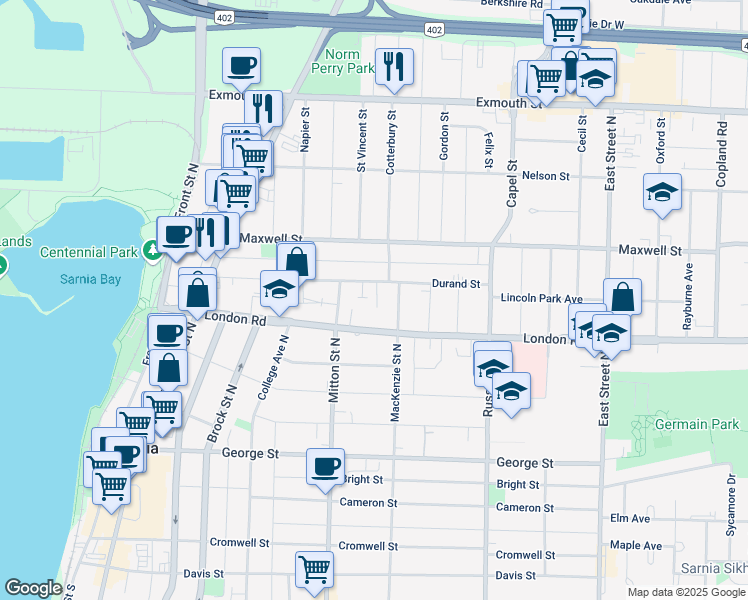 map of restaurants, bars, coffee shops, grocery stores, and more near 245 Durand Street in Sarnia