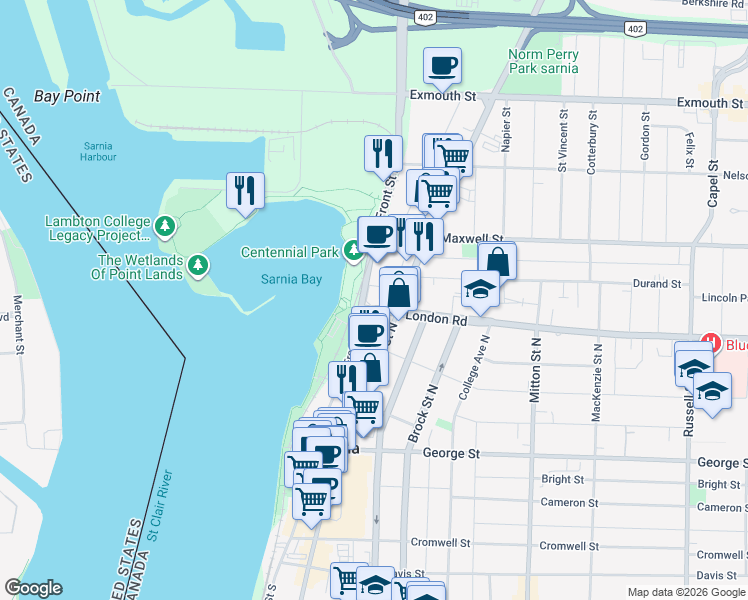 map of restaurants, bars, coffee shops, grocery stores, and more near in Sarnia