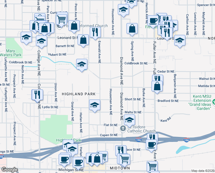 map of restaurants, bars, coffee shops, grocery stores, and more near 913 Houseman Avenue Northeast in Grand Rapids