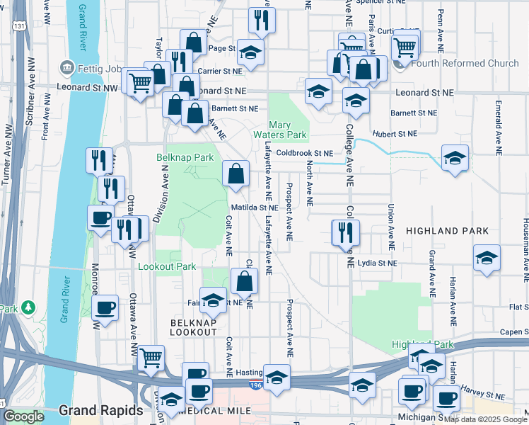 map of restaurants, bars, coffee shops, grocery stores, and more near 900 Lafayette Avenue Northeast in Grand Rapids