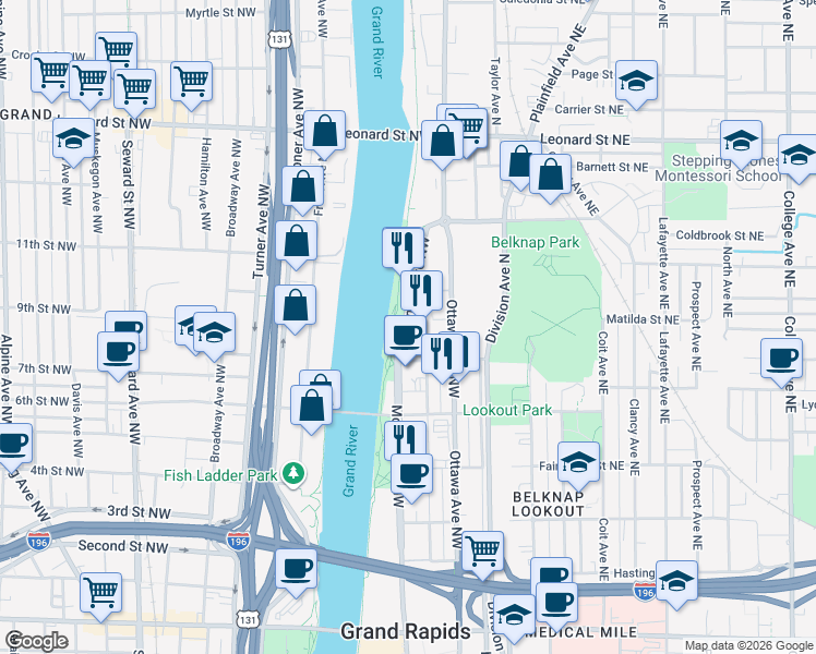 map of restaurants, bars, coffee shops, grocery stores, and more near 905 Monroe Avenue Northwest in Grand Rapids