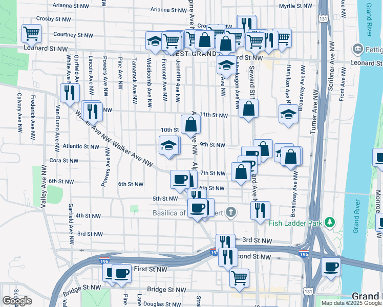 map of restaurants, bars, coffee shops, grocery stores, and more near 730 9th Street Northwest in Grand Rapids