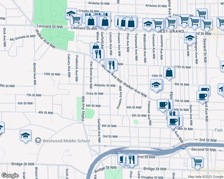map of restaurants, bars, coffee shops, grocery stores, and more near 838 Lincoln Avenue Northwest in Grand Rapids