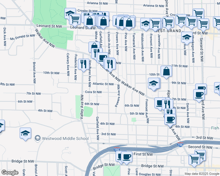 map of restaurants, bars, coffee shops, grocery stores, and more near 838 Lincoln Avenue Northwest in Grand Rapids