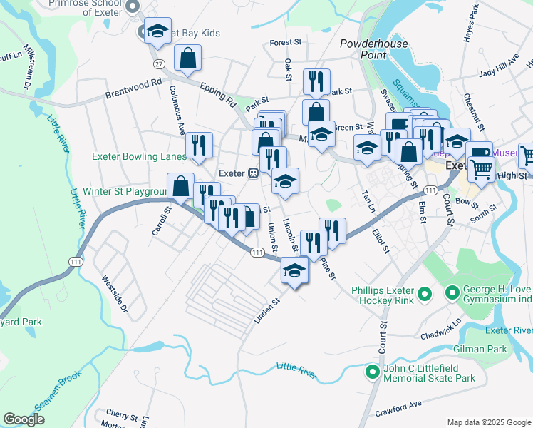 map of restaurants, bars, coffee shops, grocery stores, and more near 2 Garfield Street in Exeter