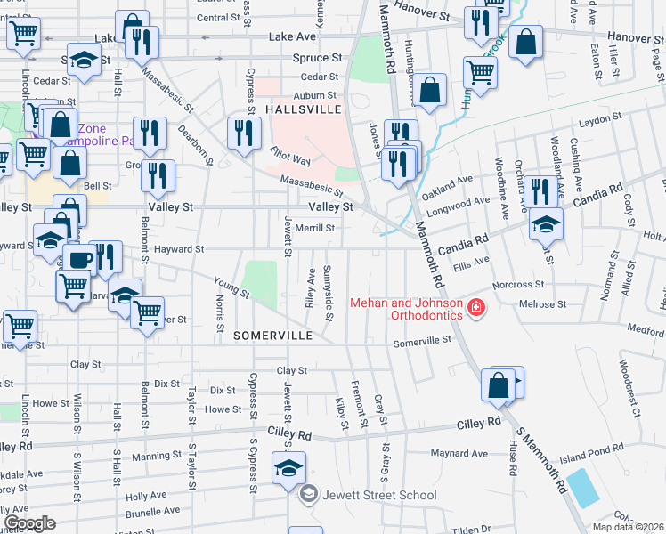 map of restaurants, bars, coffee shops, grocery stores, and more near 157 Sunnyside Street in Manchester