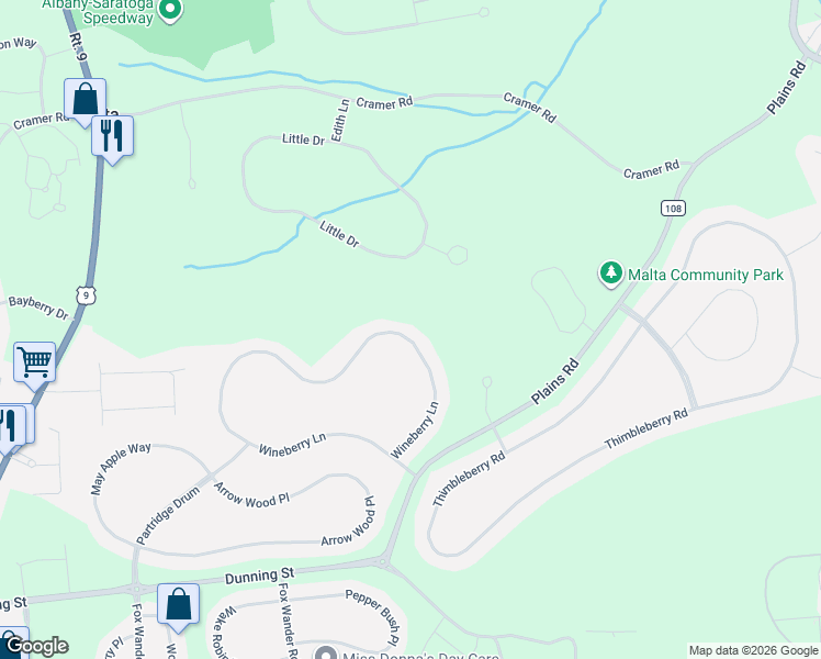map of restaurants, bars, coffee shops, grocery stores, and more near 105 Wineberry Lane in Ballston Spa