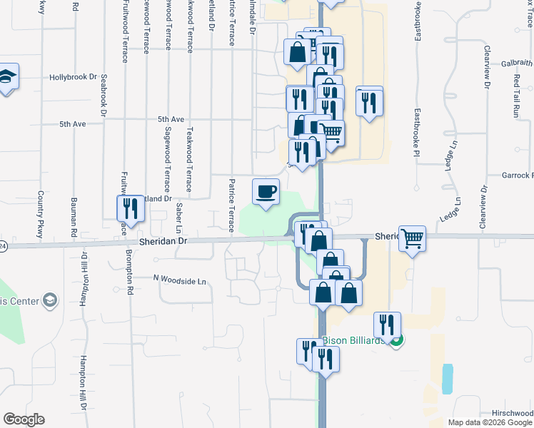 map of restaurants, bars, coffee shops, grocery stores, and more near 6400 Sheridan Drive in Buffalo