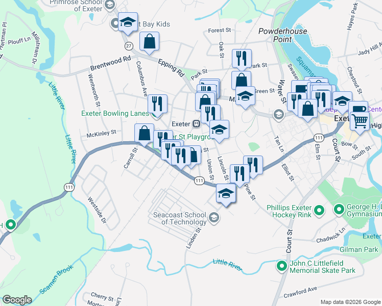 map of restaurants, bars, coffee shops, grocery stores, and more near 27 Garfield Street in Exeter