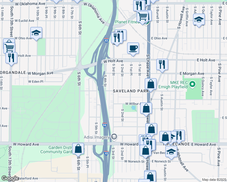 map of restaurants, bars, coffee shops, grocery stores, and more near S 3rd St & W Warnimont Ave in Milwaukee