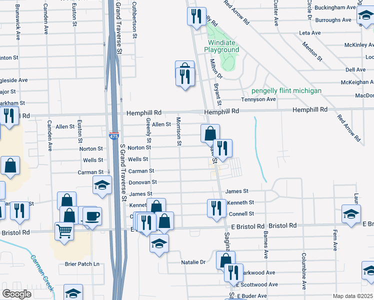 map of restaurants, bars, coffee shops, grocery stores, and more near 1452 Norton Street in Burton