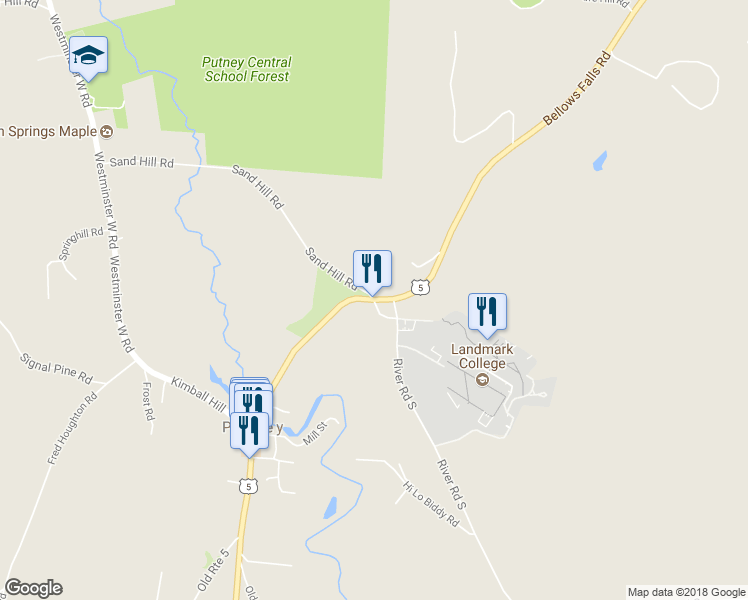 map of restaurants, bars, coffee shops, grocery stores, and more near 3 Bellows Falls Road in Putney