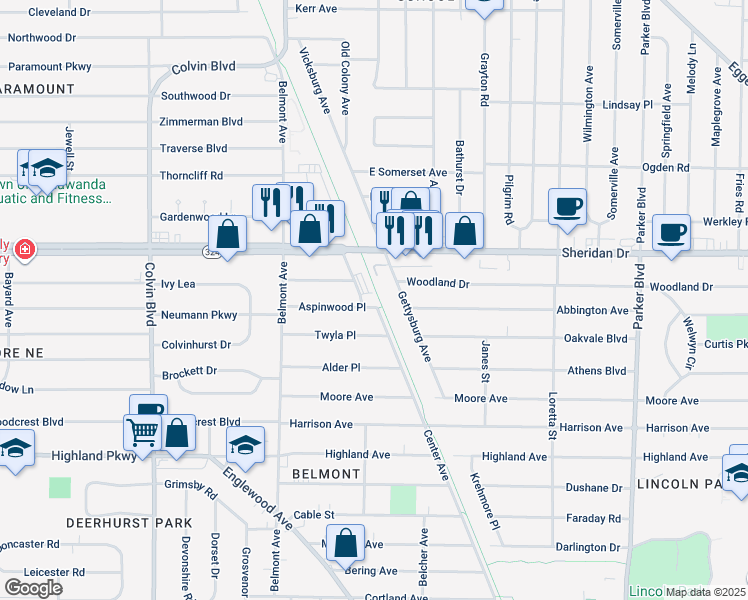 map of restaurants, bars, coffee shops, grocery stores, and more near 106 Aspinwood Place in Buffalo
