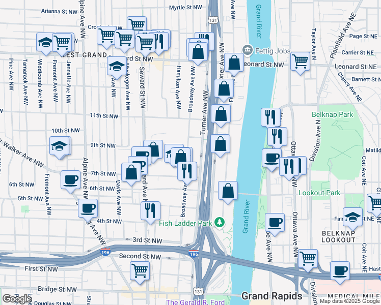 map of restaurants, bars, coffee shops, grocery stores, and more near 886 Broadway Avenue Northwest in Grand Rapids