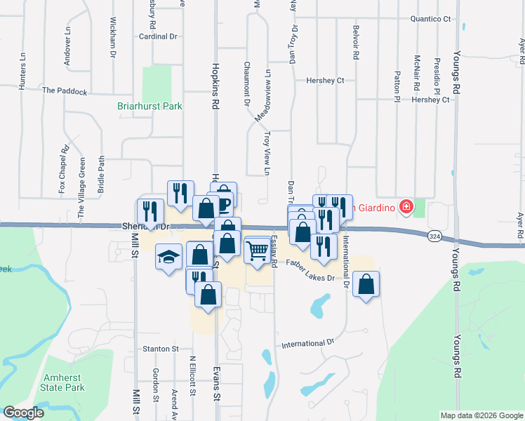 map of restaurants, bars, coffee shops, grocery stores, and more near 103 Troy View Lane in Buffalo