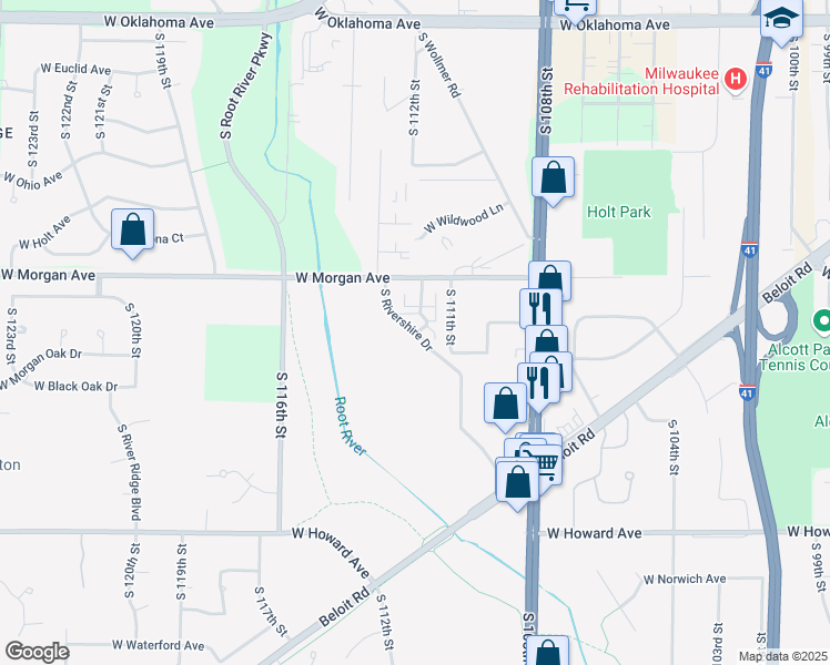 map of restaurants, bars, coffee shops, grocery stores, and more near 3570 South Rivershire Drive in Greenfield