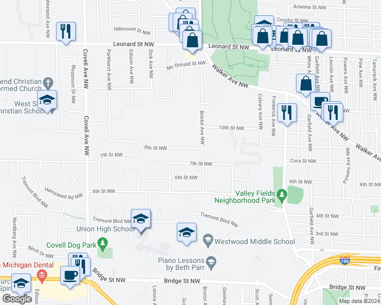 map of restaurants, bars, coffee shops, grocery stores, and more near 1628 8th Street Northwest in Grand Rapids