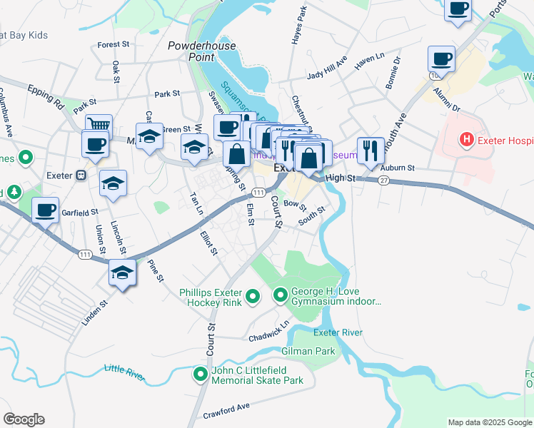 map of restaurants, bars, coffee shops, grocery stores, and more near in Exeter