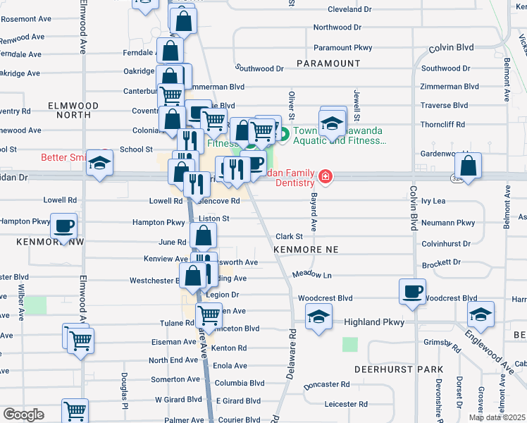 map of restaurants, bars, coffee shops, grocery stores, and more near 137 Glencove Road in Buffalo