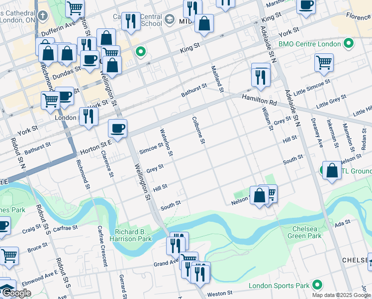 map of restaurants, bars, coffee shops, grocery stores, and more near 349 Simcoe Street in London