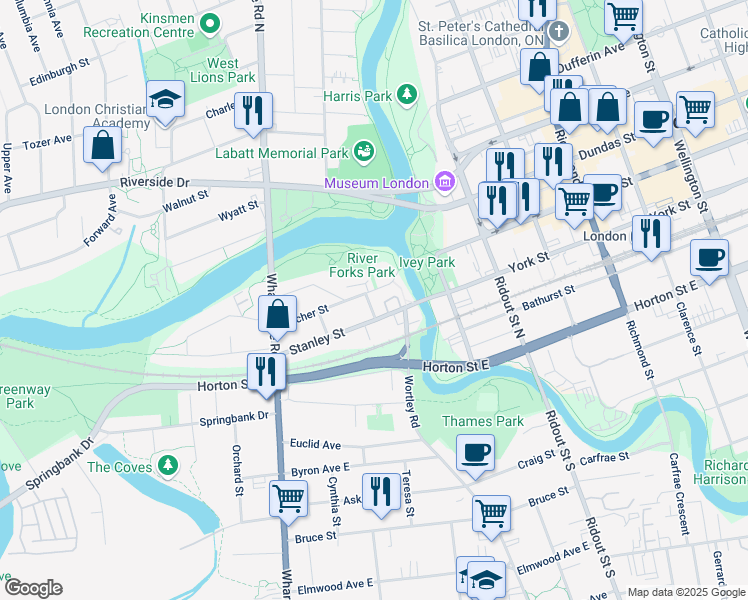 map of restaurants, bars, coffee shops, grocery stores, and more near in London