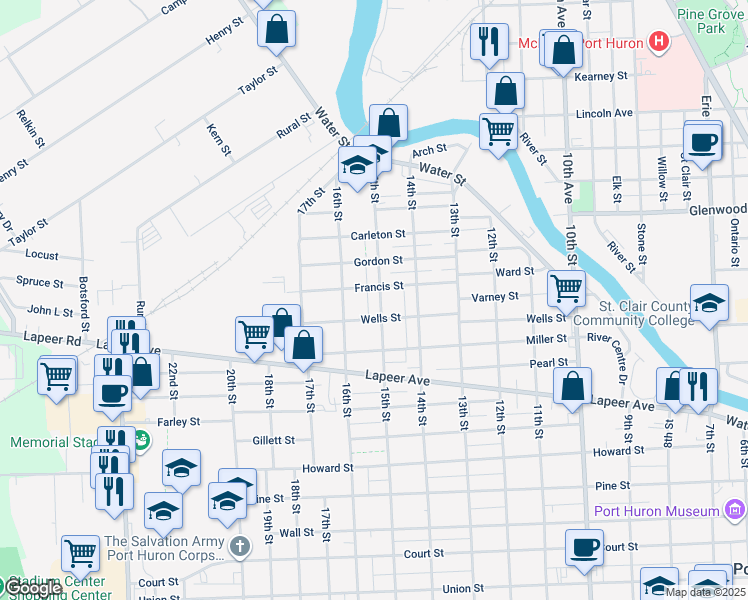 map of restaurants, bars, coffee shops, grocery stores, and more near 408 15th Street in Port Huron