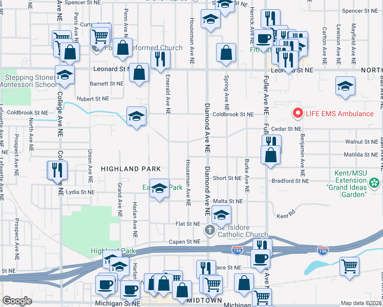 map of restaurants, bars, coffee shops, grocery stores, and more near 919 Maybelle Street Northeast in Grand Rapids