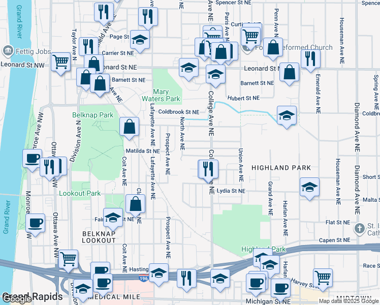 map of restaurants, bars, coffee shops, grocery stores, and more near 415 Shirley Street Northeast in Grand Rapids