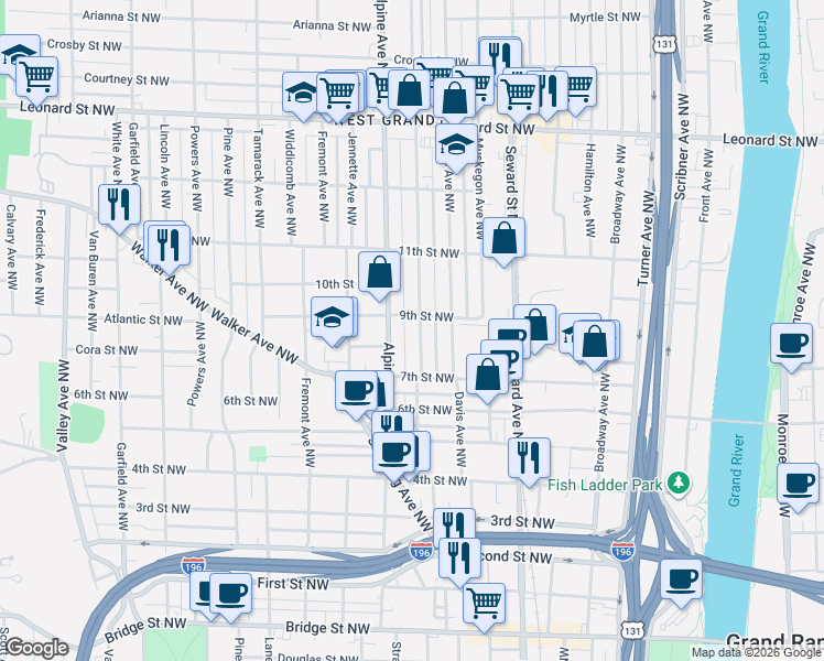 map of restaurants, bars, coffee shops, grocery stores, and more near 730 9th Street Northwest in Grand Rapids