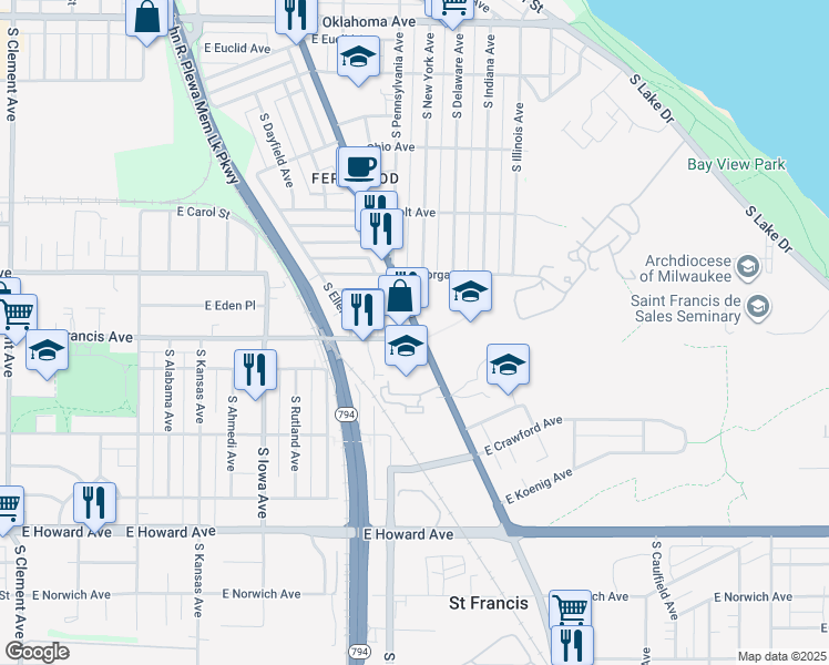map of restaurants, bars, coffee shops, grocery stores, and more near 3567 South Kinnickinnic Avenue in Saint Francis