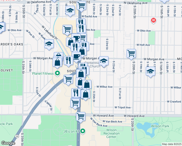 map of restaurants, bars, coffee shops, grocery stores, and more near 2525 West Warnimont Avenue in Milwaukee