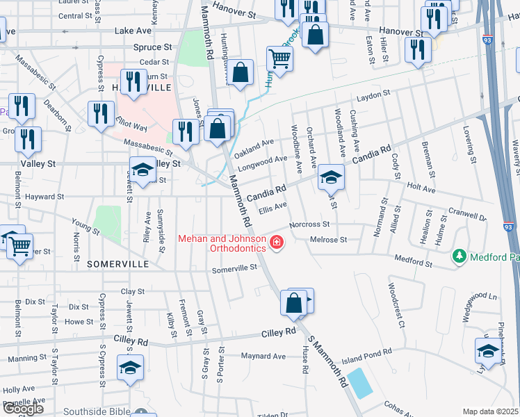 map of restaurants, bars, coffee shops, grocery stores, and more near 12 Ellis Avenue in Manchester