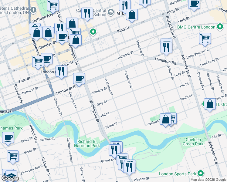 map of restaurants, bars, coffee shops, grocery stores, and more near 190 Waterloo Street in London