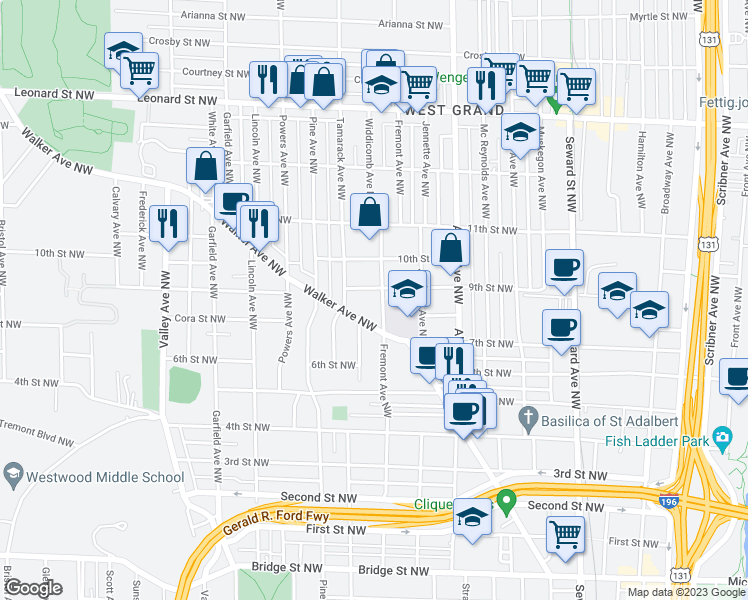 map of restaurants, bars, coffee shops, grocery stores, and more near 839 Fremont Avenue Northwest in Grand Rapids