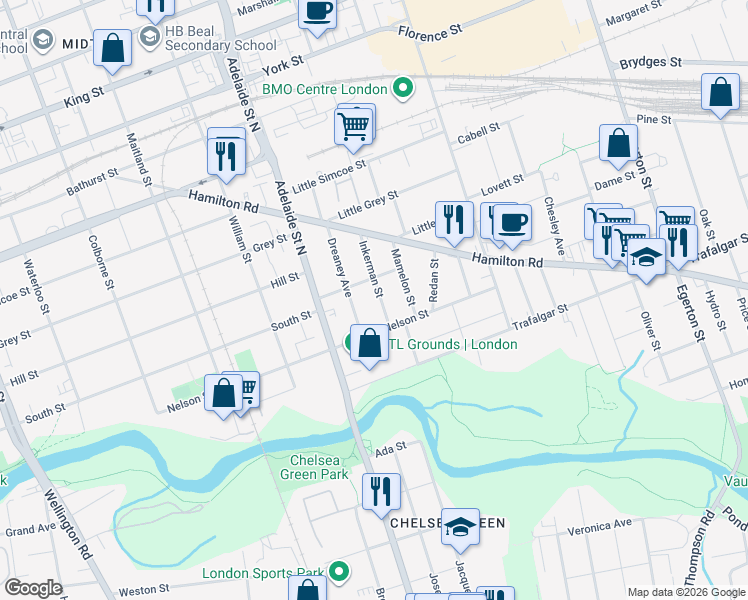 map of restaurants, bars, coffee shops, grocery stores, and more near 99 Inkerman Street in London