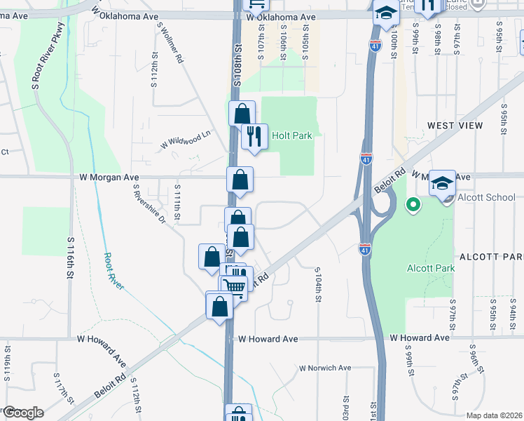 map of restaurants, bars, coffee shops, grocery stores, and more near 10540 West Pallottine Drive in Greenfield