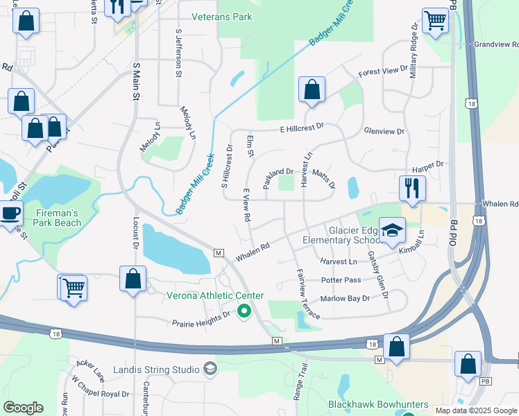 map of restaurants, bars, coffee shops, grocery stores, and more near 603 Green Meadow Drive in Verona