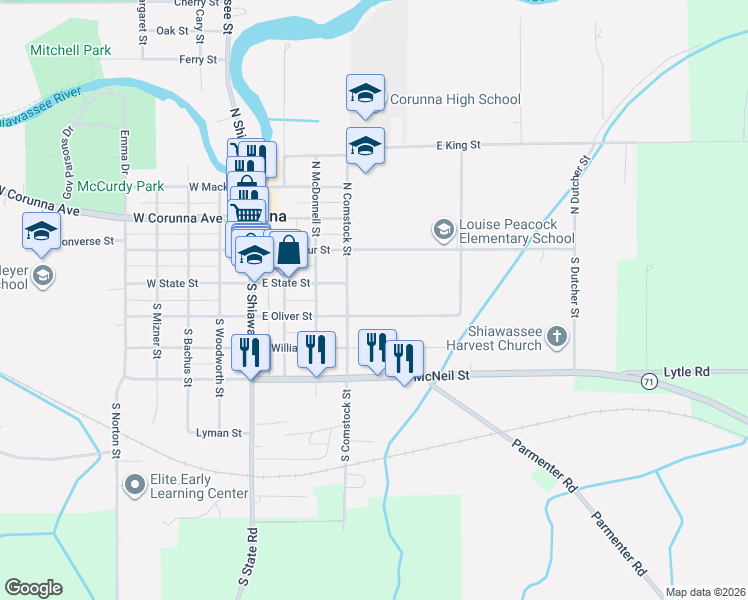 map of restaurants, bars, coffee shops, grocery stores, and more near 101 South Comstock Street in Corunna