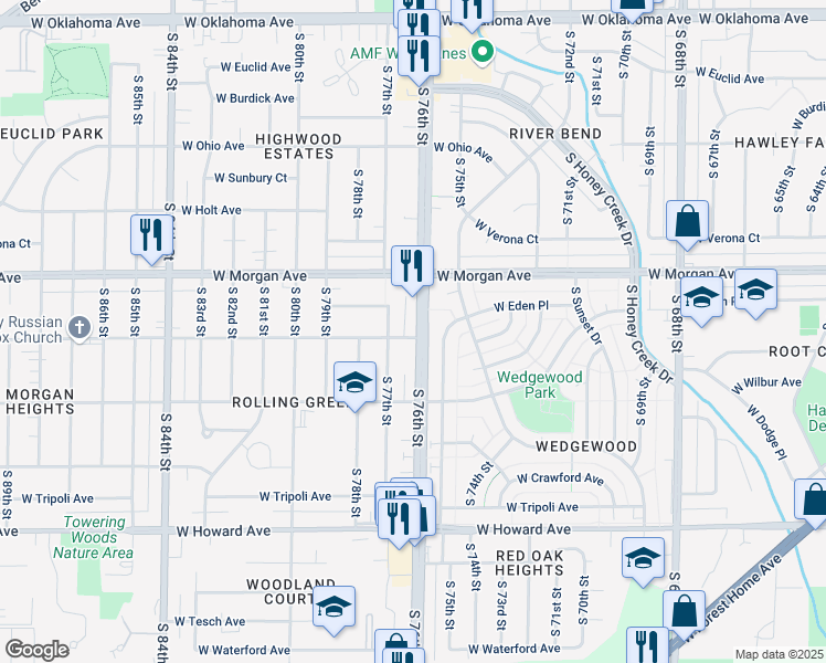 map of restaurants, bars, coffee shops, grocery stores, and more near 3573 South 76th Street in Milwaukee
