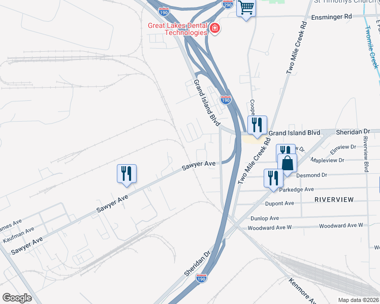 map of restaurants, bars, coffee shops, grocery stores, and more near 440 Sawyer Avenue in Tonawanda