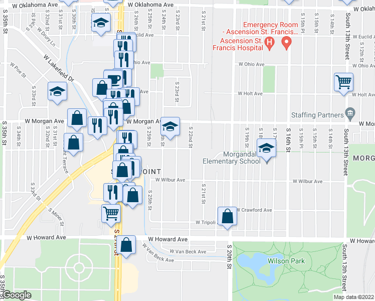 map of restaurants, bars, coffee shops, grocery stores, and more near 3603 South 22nd Street in Milwaukee