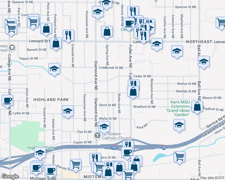 map of restaurants, bars, coffee shops, grocery stores, and more near 1059 Maybelle Street Northeast in Grand Rapids