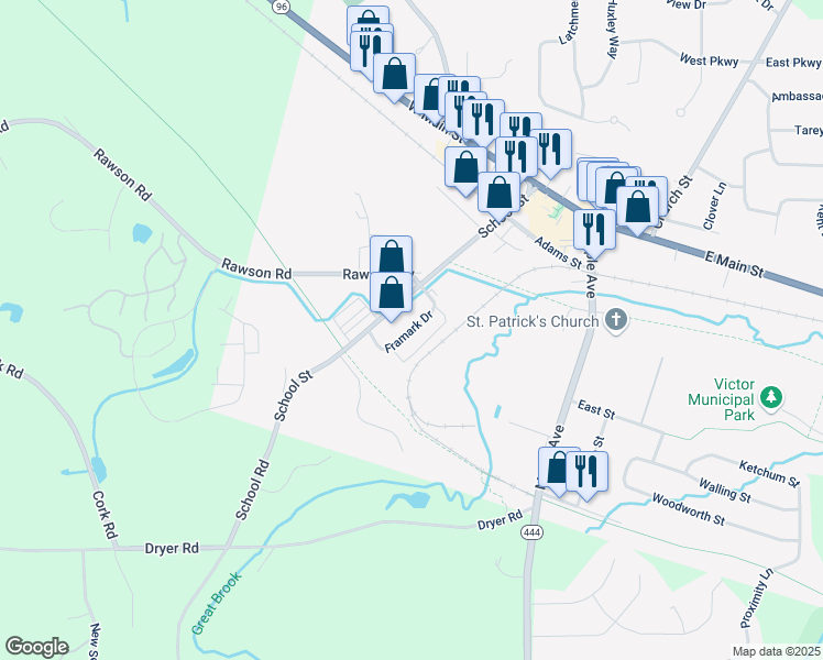 map of restaurants, bars, coffee shops, grocery stores, and more near 49 Framark Drive in Victor