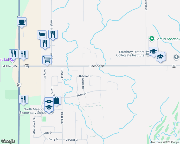 map of restaurants, bars, coffee shops, grocery stores, and more near 19 Connor Avenue in Strathroy