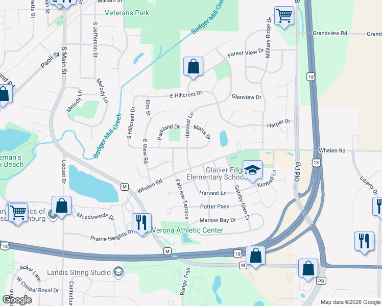 map of restaurants, bars, coffee shops, grocery stores, and more near 609 Harvest Lane in Verona