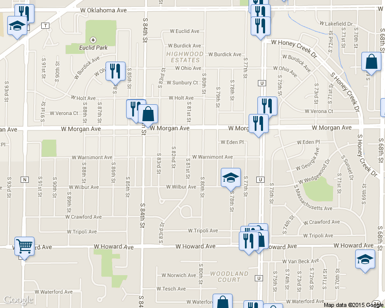 map of restaurants, bars, coffee shops, grocery stores, and more near 3572 South 81st Street in Milwaukee