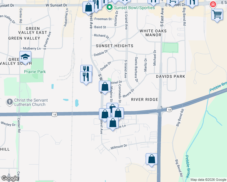 map of restaurants, bars, coffee shops, grocery stores, and more near 2014 Madera Street in Waukesha