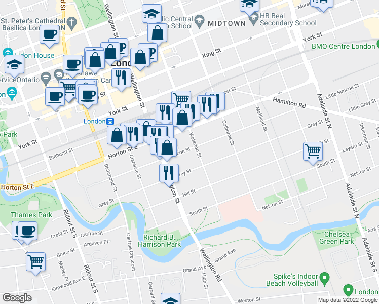 map of restaurants, bars, coffee shops, grocery stores, and more near 327 Simcoe Street in London