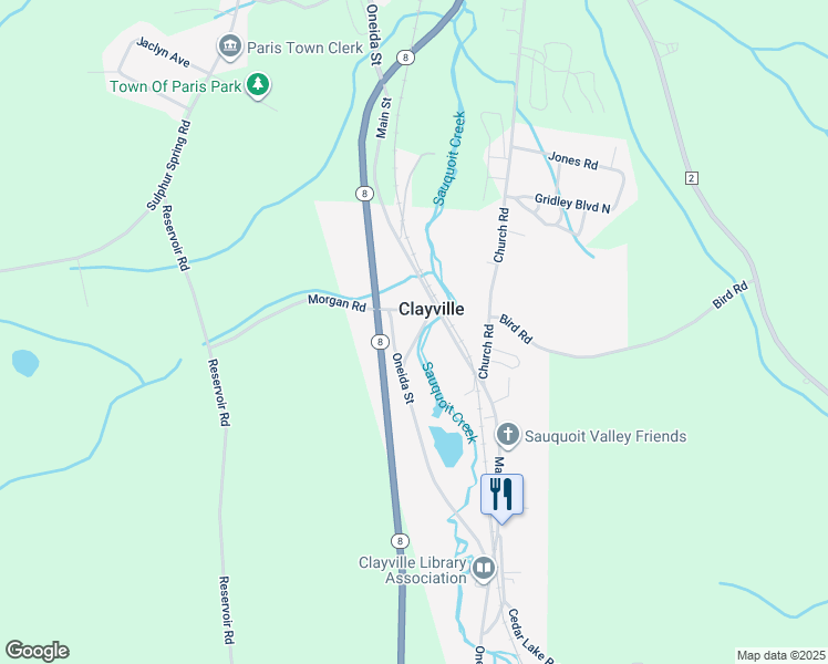 map of restaurants, bars, coffee shops, grocery stores, and more near 2413 Lake Street in Clayville