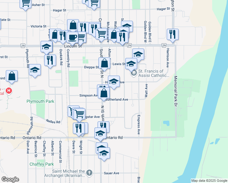map of restaurants, bars, coffee shops, grocery stores, and more near 101 Afton Avenue in Welland